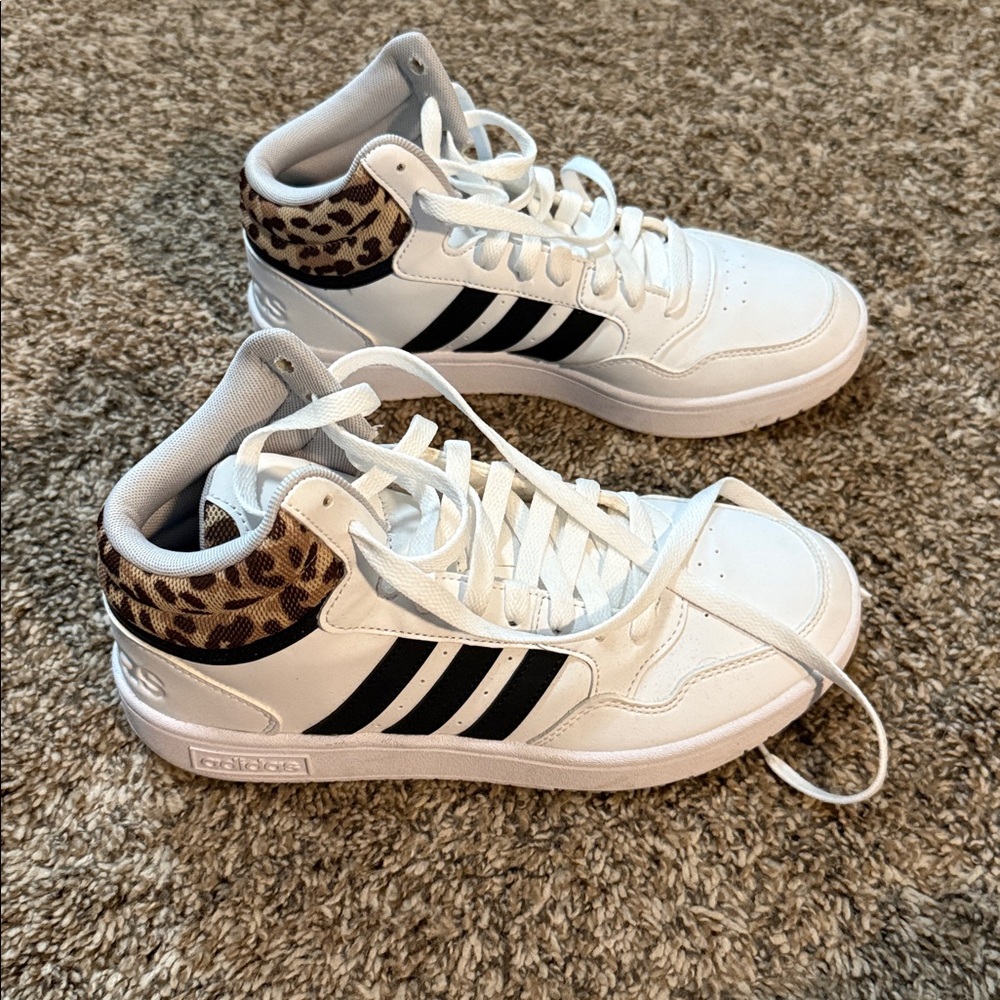 Adidas White and Black High-Tops with Leopard Detail. Size 7.5